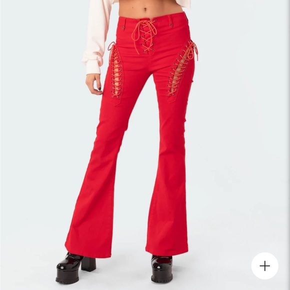 Edikted Pants - EDIKTED Engine Red Lace-Up High Waist Flare Jeans